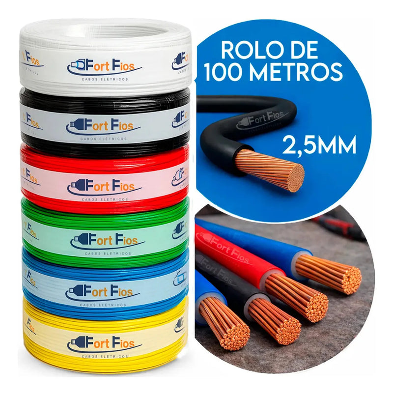 Fio Elétrico 2,5mm Cabo Flexível Rolo Com 100m Metros 750v Antichamas